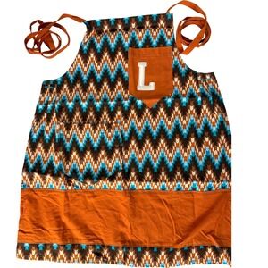 Handmade Kids Apron Initial L Brown Blue Orange Chevron Pattern Crafting Cooking